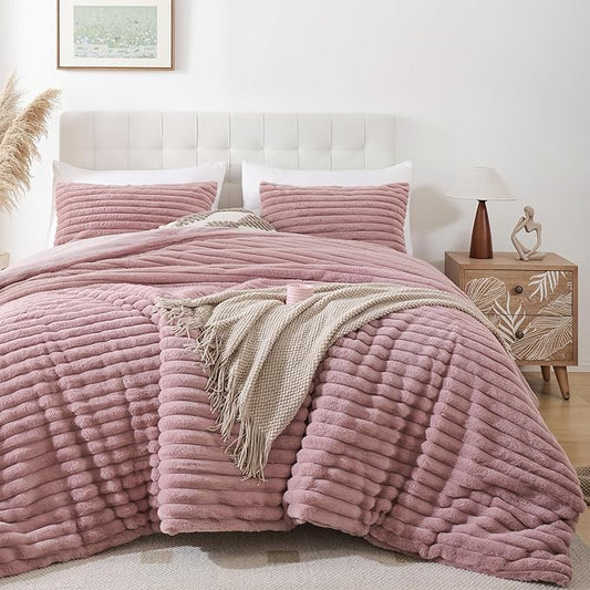 Smoofy Fluffy Twin Comforter Sets 2 Pieces - Old Pink Fleece Fluffy Comforter Set, Luxury Fuzzy Twin Bedding Set, Soft Warm Comforter All Season, Heavy Faux Fur Comforter with Pillow Cases