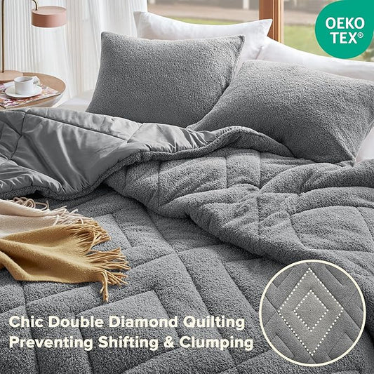 Comfort Spaces Twin Comforter Set Reversible Feather-Soft Plush Comforters for Twin Size Bed All Season Lightweight Shearling Fleece Sherpa Comforter Twin Size Bed Set, Twin/Twin XL, Grey 2 Piece