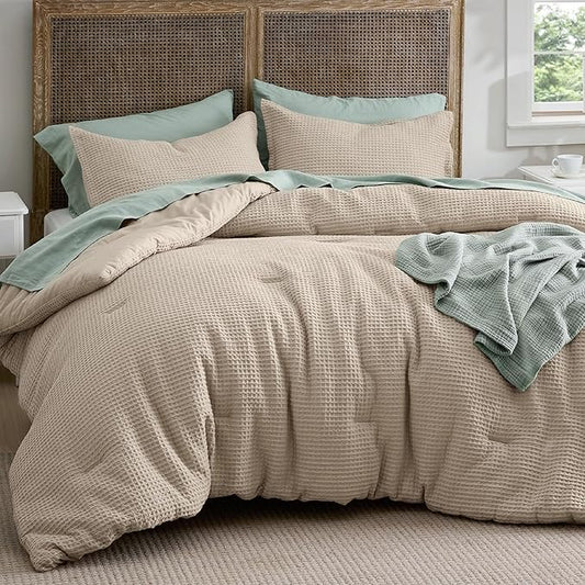 Bedsure Waffle Comforter Set Full, Khaki Soft Bedding, Waffle Weave Bed Set, 3 Pieces, 1 Comforter (82"x86") and 2 Pillow Shams, Cotton Shell and Polyester Lining for All Seasons