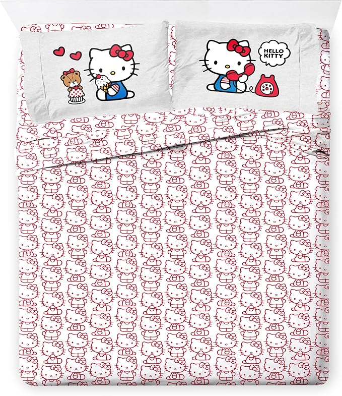 Jay Franco Sanrio Hello Kitty Queen Size Comforter Set - 7 Piece Red & Grey Bedding Includes Sheet Set & Pillow Covers - Super Soft Cozy Kawaii Bedding