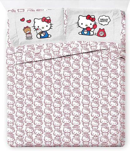 Jay Franco Sanrio Hello Kitty Queen Size Comforter Set - 7 Piece Red & Grey Bedding Includes Sheet Set & Pillow Covers - Super Soft Cozy Kawaii Bedding