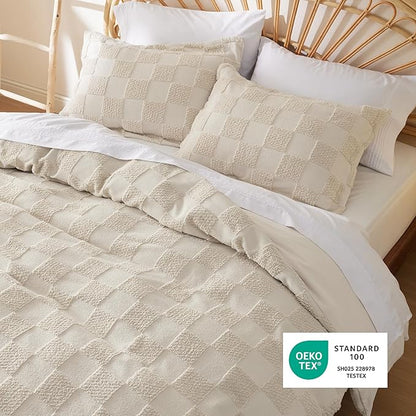 Bedsure Boho Kids Duvet Cover Queen Size（Duvet Insert/Comforter not Included - Checkered Duvet Cover Queenfor All Seasons,Soft Shabby Chic Boho Bedding (Beige, 90" x 90")