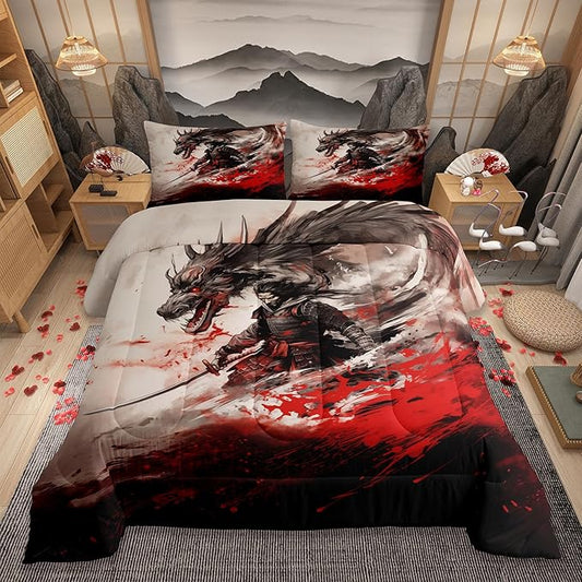 Japanese Samurai Comforter Set Full Size,Black Red White Ink Style Duvet Insert 3Pcs,Dragon Sword Traditional Pattern Bedding Set for Kids Boys Girls Room Decor,Luxury Soft Quilt Set,2 Pillowcases