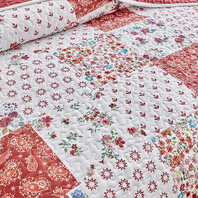 Joyreap 3 Pieces Quilt Set California King, 102x114 inches- Floral Patchwork Burgundy Red n White Flowers Design, Smooth Soft Microfiber Quilt, Bedspread Bed Cover for All Season