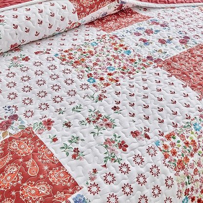 Joyreap 3 Pieces Quilt Set California King, 102x114 inches- Floral Patchwork Burgundy Red n White Flowers Design, Smooth Soft Microfiber Quilt, Bedspread Bed Cover for All Season