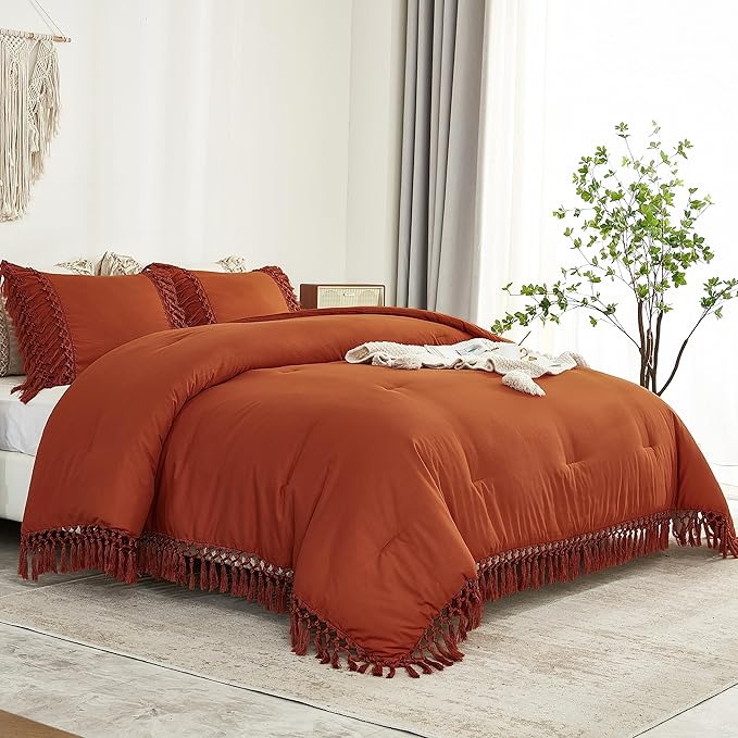 Andency Comforter King Size Set Burnt Orange, 3 Pieces Boho Terracotta Tassel Lightweight Fluffy Bedding Comforters & Sets, Soft All Season Rust Bed Set (104x90In Comforter & 2 Pillowcases)
