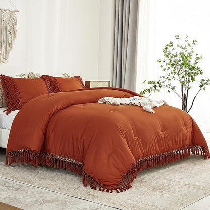 Andency Comforter King Size Set Burnt Orange, 3 Pieces Boho Terracotta Tassel Lightweight Fluffy Bedding Comforters & Sets, Soft All Season Rust Bed Set (104x90In Comforter & 2 Pillowcases)