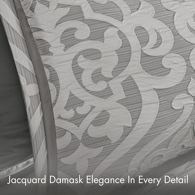 Madison Park Odette Cozy Comforter Set Jacquard Damask Medallion Design - Modern All Season, Down Alternative Bedding, Shams, Decorative Pillows, Queen(90 in x 90 in), Silver 8 Piece