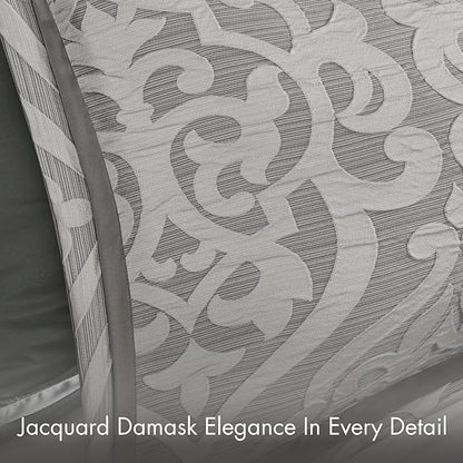 Madison Park Odette Cozy Comforter Set Jacquard Damask Medallion Design - Modern All Season, Down Alternative Bedding, Shams, Decorative Pillows, Queen(90 in x 90 in), Silver 8 Piece