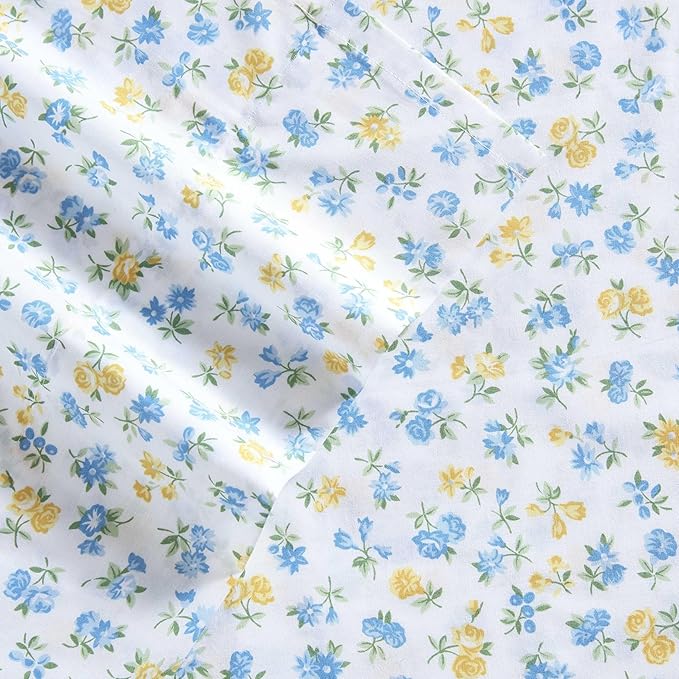 Laura Ashley - Full Sheet Set, Crisp & Cool Cotton Percale Bedding for Year Round Comfort, Deep Pocket, Bed Sheets with Matching Pillowcases (Ditsy Doodle Blue)
