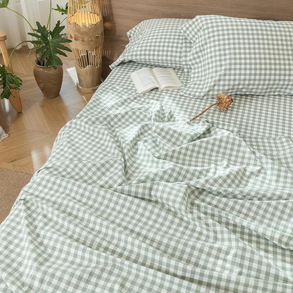 MooMee Gingham Sheet Set 100% Washed Cotton Linen Like Textured Breathable Soft w/Fully Elasticized 16-19" Deep Pocket (Classic Gingham Sage Green, Queen)