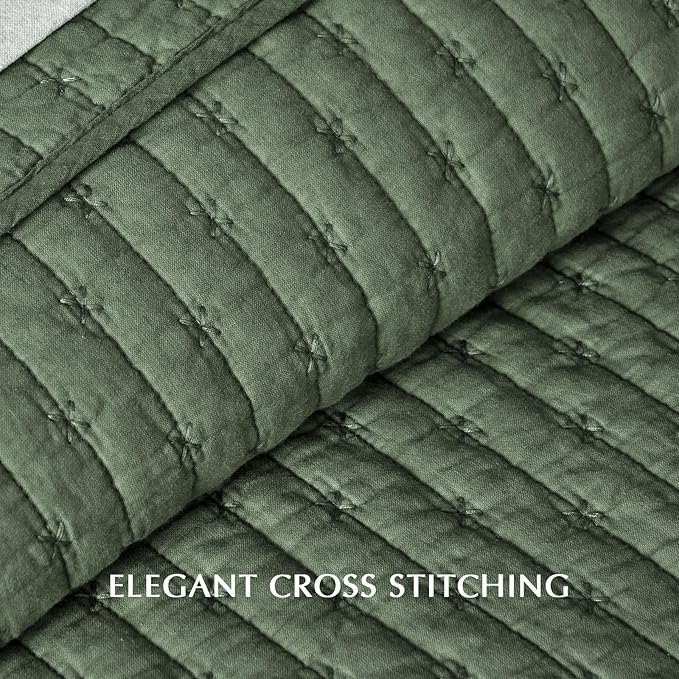 EVERGRACE Cross Stitch Pre-Washed Cotton Quilt Bedding Set King Size, Oversized 3 Pieces Lightweight Bedspread Coverlet for All Season, with 2 Matching Shams, Olive Green,108"x96"