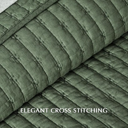 EVERGRACE Cross Stitch Pre-Washed Cotton Quilt Bedding Set King Size, Oversized 3 Pieces Lightweight Bedspread Coverlet for All Season, with 2 Matching Shams, Olive Green,108"x96"