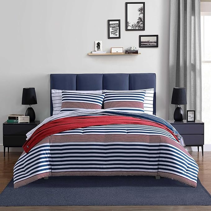 Nautica - Twin/Twin XL Comforter Set, Super Soft Woven Bedding with a Medium-Weight Feel for Year Round Use, 2 Piece Bed Set with Matching Pillowcase (Kennedy Stripe Navy)