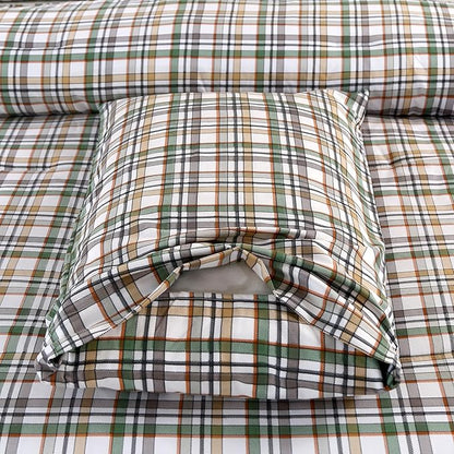 SDIII 3PCS Green Gingham Comforter Set Twin 100% Washed Microfiber Lightweight Green Gingham Bedding Twin Soft Farmhouse Shabby Chic Checkered
