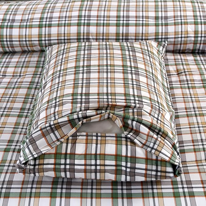 SDIII 3PCS Green Gingham Queen Comforter Set 100% Washed Microfiber Lightweight Green Gingham Bedding Queen Farmhouse Shabby Chic Checkered All Season