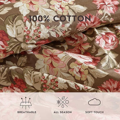 Laura Ashley - King Comforter Set, Soft Cotton Bedding with Matching Shams, Floral Home Decor, Oeko-Tex Certified (Bloomsbury Brown, King)
