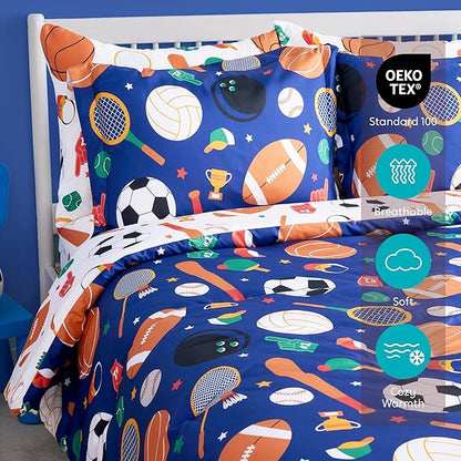 Joiedomi Kid Full Comforter Set 7 Piece Ball Sports Bedding Set for Boys Girls Super Soft Microfiber Bed in a Bag with Comforter Sheets Pillowcase Sham