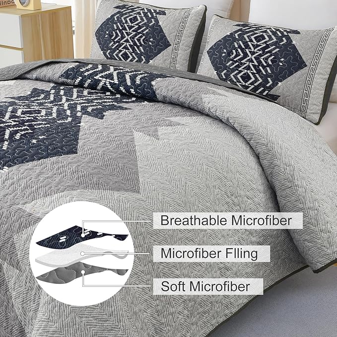 Dintszyayue King Quilt Set Boho,3 Piece Navy Bedding Coverlet Set Aztec Texture Bedspread Soft Lightweight Quilted Coverlet Set Reversiber Microfiber Bed Cover for Season(Navy,90"x103")