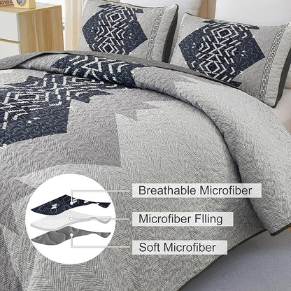 Dintszyayue King Quilt Set Boho,3 Piece Navy Bedding Coverlet Set Aztec Texture Bedspread Soft Lightweight Quilted Coverlet Set Reversiber Microfiber Bed Cover for Season(Navy,90"x103")