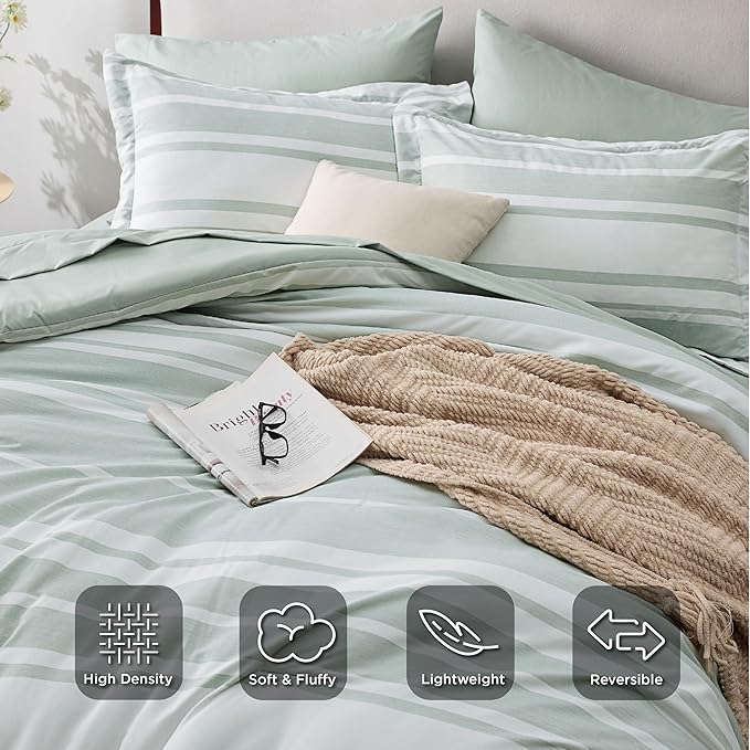 Bedsure King Comforter Set 7 Pieces, Sage Green Striped Bedding Set for All Seasons, Reversible, Cationic Dyeing Bed in a Bag with Comforter, Sheets, Pillowcases & Shams