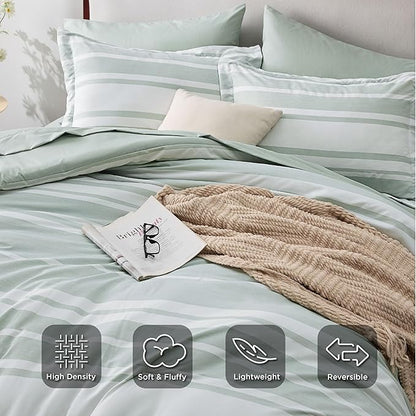 Bedsure Full Comforter Set 7 Pieces, Sage Green Striped Bedding Set for All Seasons, Reversible, Cationic Dyeing Bed in a Bag with Comforter, Sheets, Pillowcases & Shams