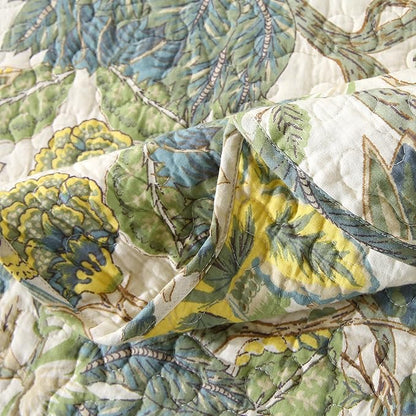 DURLENGEN Forest 100% Cotton King Quilt 3Pcs,Bohemian Reversible Leaves & Flowers Pattern on White, Luxury Lightweight Coverlet Sets for All Season(King 106x96,Forest)
