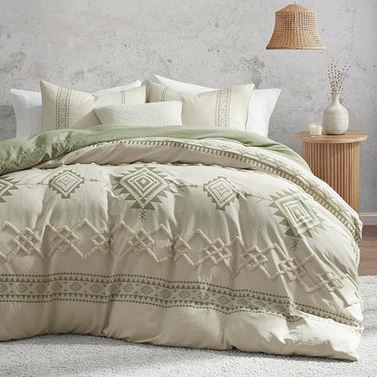 Oli Anderson Boho Duvet Cover Set Twin Size, Beige and Sage Green Color Clash 2 Pieces Microfiber Bedding Set, Durable and Super Soft Duvet Covers with Zipper and Ties, 68"*90"