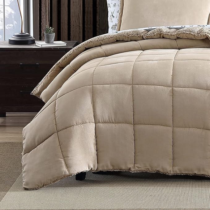 Eddie Bauer - Twin Comforter Set, Microsuede Bedding with Soft Plush Faux Shearling Reverse, 2 Piece Bed Set with Matching Pillowcase (Sherwood Brown)