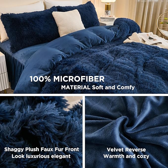 Andency Fluffy Navy Blue Comforter Set Queen Size, 3 Pieces Winter Faux Fur Warm Soft Fuzzy Plush Bedding Comforter Set (1 Velvet Comforter & 2 Pillowcases), Thick Heavy Comfy Comforters Bedding Set