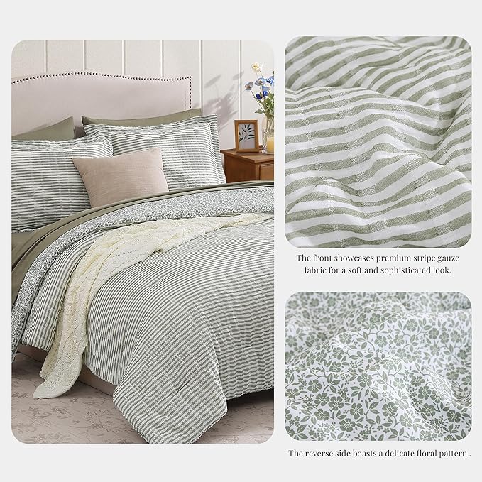 Full Comforter Set - 7 Pieces Green Gauze Muslin Bedding Sets for All Seasons, Lightweight Breathable Bed in a Bag Full with Revesible Farmhouse Comforter, Sheets, Pillowcases & Shams