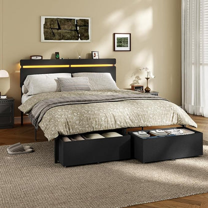 Forestell Queen Bed Frame with Wood Headboard,2 Storage Drawers & Shelf | Built-in Charging Station & LED Lights, Metal Support, No Box Spring Needed, noise-free, easy assembly, Smart RGB, USB+Type-C