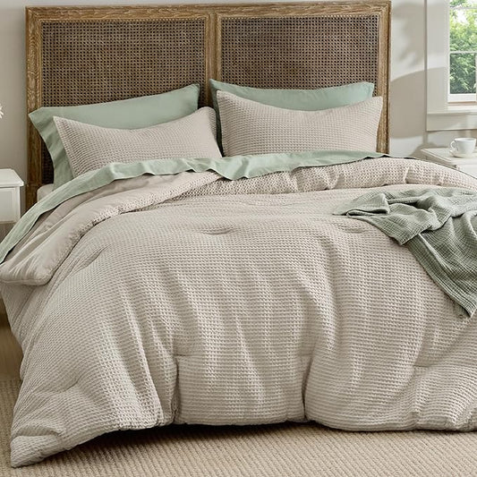 Bedsure Waffle Comforter Set King, Linen Soft Bedding, Waffle Weave Bed Set, 3 Pieces, 1 Comforter (104"x90") and 2 Pillow Shams, Cotton Shell and Polyester Lining for All Seasons