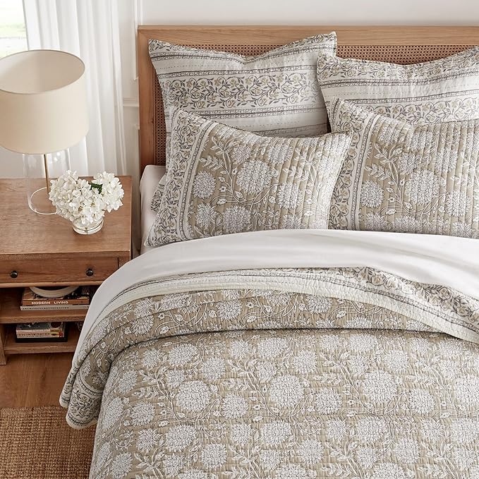 Levtex Home – Adare Taupe Bedspread Set – Full Bedspread (96x106in.) and 2 Standard Shams (20x26in.) – Floral Botanical Design – Taupe and White – Reversible – Cotton