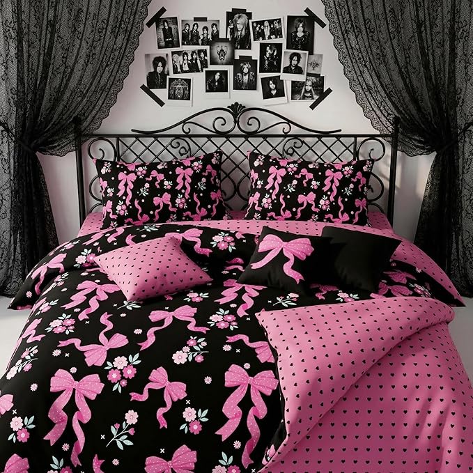 Black Pink Bow Comforter Set King Size, 3 Pcs Pink Ribbon Bowknot Reversible Comforter Love Heart Soft Microfiber Bedding Set with 2 Pillowcases, 104"x90"