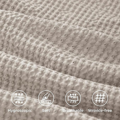 Bedsure 100% Cotton Duvet Cover Queen Size with Fitted Sheet - 4 Pieces Linen Color Waffle Weave Bedding Set, GentleSoft™ and Breathable, Includes 1 Duvet Cover 90x90, 1 Fitted Sheet, 2 Pillow Shams