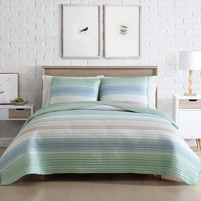 Beatrice Home Fashions Coralinn Striped 3-Piece Quilt Set, Lightweight, All-Seasons, King, Sage Blue