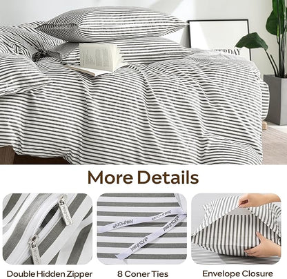 JELLYMONI 100% Natural Cotton 3pcs Striped Duvet Cover Sets,White with Grey Stripes Pattern Printed Comforter Cover,with Zipper Closure & Corner Ties(King Size)