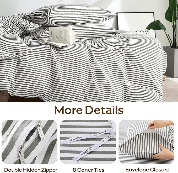 JELLYMONI Duvet Cover, 100% Natural Cotton, Printed Comforter Cover with Zipper Closure and Corner Ties (Twin 66×92 Inch, White Duvet Cover Set with Grey Stripes Pattern, 2 Pcs)