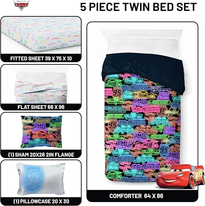 Jay Franco Kids Comforter Set Includes Sheets and Pillow Covers - Soft and Cozy Bed Set for Stylish Room Decor, Black - Cars, 5 Piece Twin Bedding