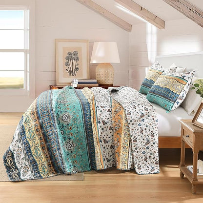 HORIMOTE HOME Boho Style Queen Quilt Set Yellow Bohemian Floral Strip Quilt Beddding Set, Soft and Lightweight Bedspread for All Season, Full Size Bed Coverlet with 2 Matching Pillow Shams (3 Pieces)