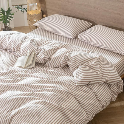MooMee Striped Duvet Cover Set 100% Washed Cotton Linen Like Textured Breathable Durable Soft Comfy (Orange Classic Stripes, Super Queen 90"x98")