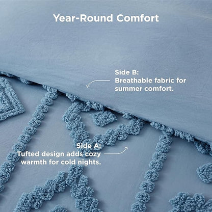 Bedsure Boho Tufted Blue Comforter Set Queen Size, GentleSoft™ 3 Pieces Boho Farmhouse Decor Bedding, Exquisite Shabby Chic Bedding for All Seasons, 1 Bed Comforter, 2 Pillow Shams, 90x90 Inches