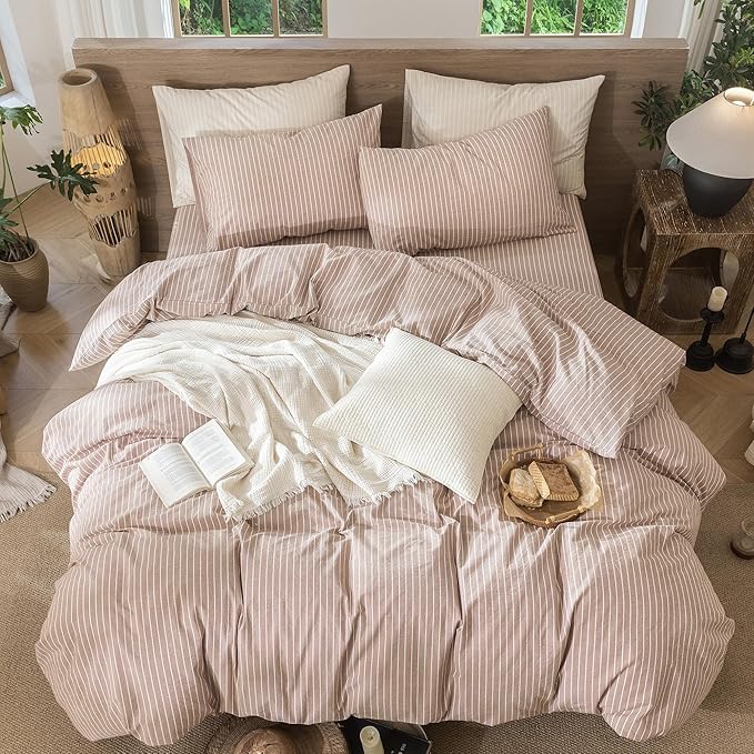 MooMee Striped Duvet Cover Set 100% Washed Cotton Linen Like Textured Breathable Durable Soft Comfy (Orange White Wide Stripes, Palatial King/Oversized King 120"x98")