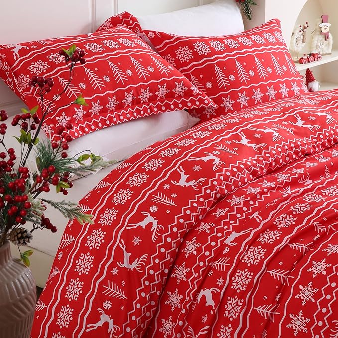 JSD Vintage Christmas Duvet Cover Set King Size, 3 Piece Red Snowflakes Reindeer Snowflakes Printed Microfiber Duvet Comforter Cover with Pillow Sham