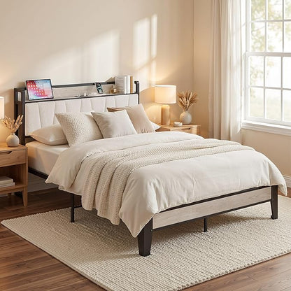 LIKIMIO Full Bed Frames, Bouclé Storage Headboard with Charging Station, Solid and Stable, Noise Free, No Box Spring Needed, Easy Assembly