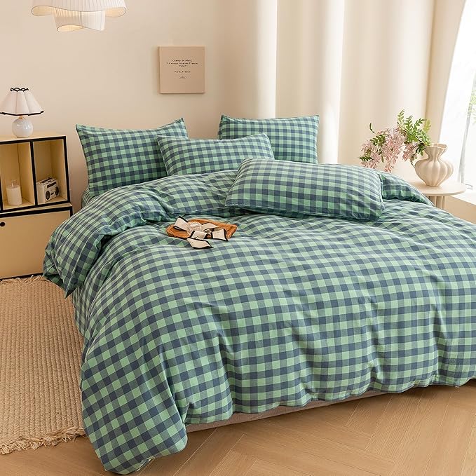 ECOCOTT Grid Plaid Duvet Cover Queen Size -100% Washed Cotton Linen Like Textured Breathable Durable Soft Comfy Bedding Set Mini Green Blue Plaid Comforter Cover