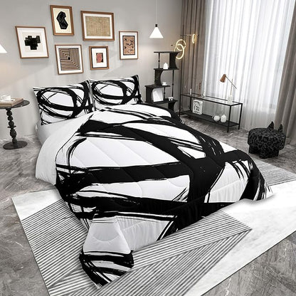 Erosebridal Black and White Abstarct Queen Comforter Set for Adult Women Men, Geometric Striped Bedding Set for Minimalists,Graffiti Aesthetic Lines Quilt,Contemporary Boho Modern Art Duvet Insert