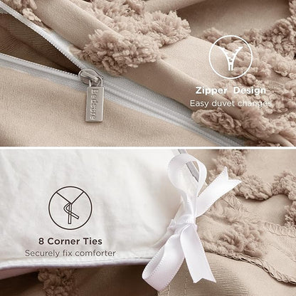 Bedsure Boho Duvet Cover Queen Size, Soft & Comfortable Elegant Design Boho Bedding for Decoration, Machine Washable Comforter Cover for All Seasons,Includes 1 Duvet Cover & 2 Pillow Shams,Khaki