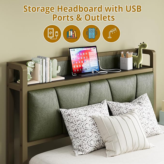 LIKIMIO Twin Bed Frame, Storage Headboard with Charging Station, Solid and Stable, Noise Free, No Box Spring Needed, Easy Assembly (Dark Green)